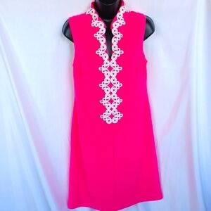 Elle Hot Pink & White Embroidered Shift Dress SZ S, lined